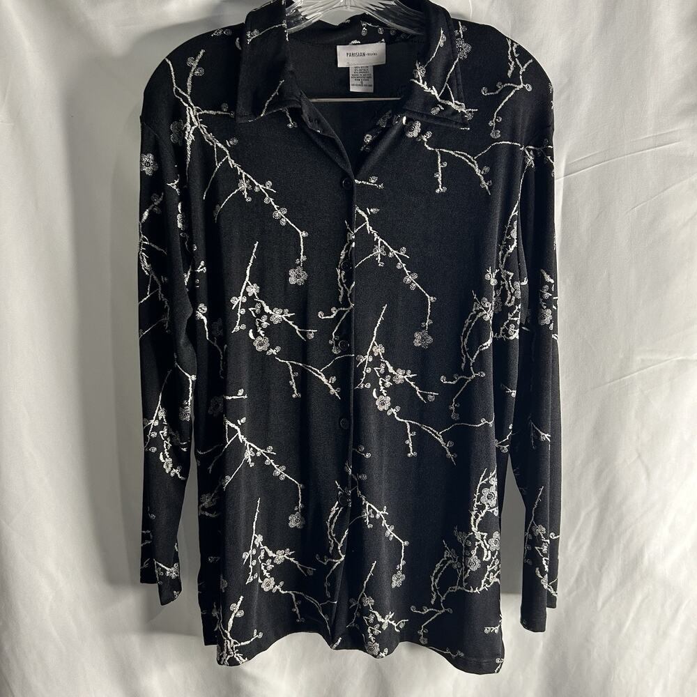 Parisian Works Button-Up Long Sleeve Shirt Black Size Small Floral‎ Embroided